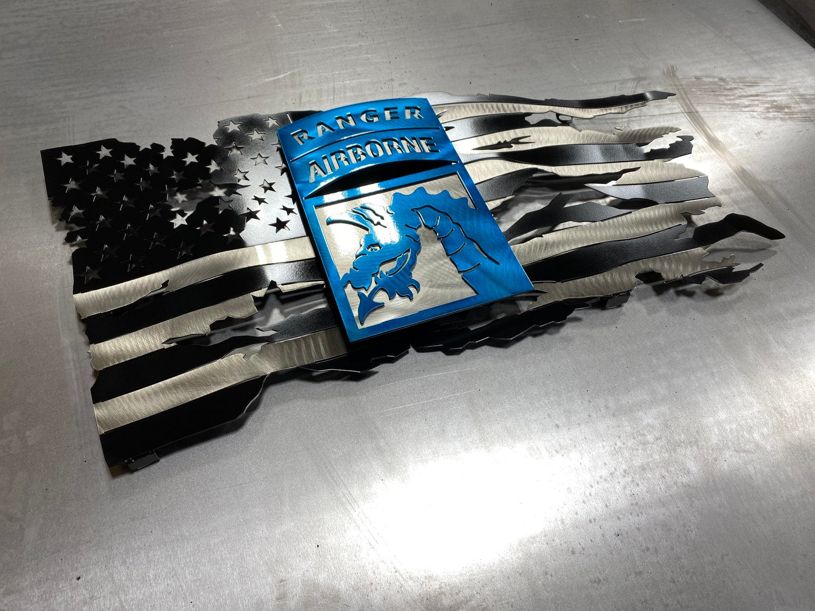 XVIII Airborne black and silver American metal flag with two-piece emblem