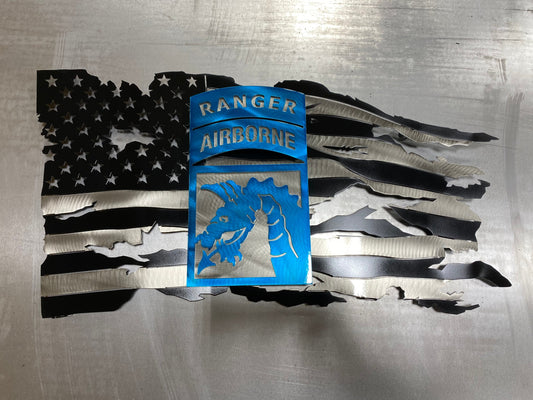 XVIII Airborne black and silver American metal flag with two-piece emblem