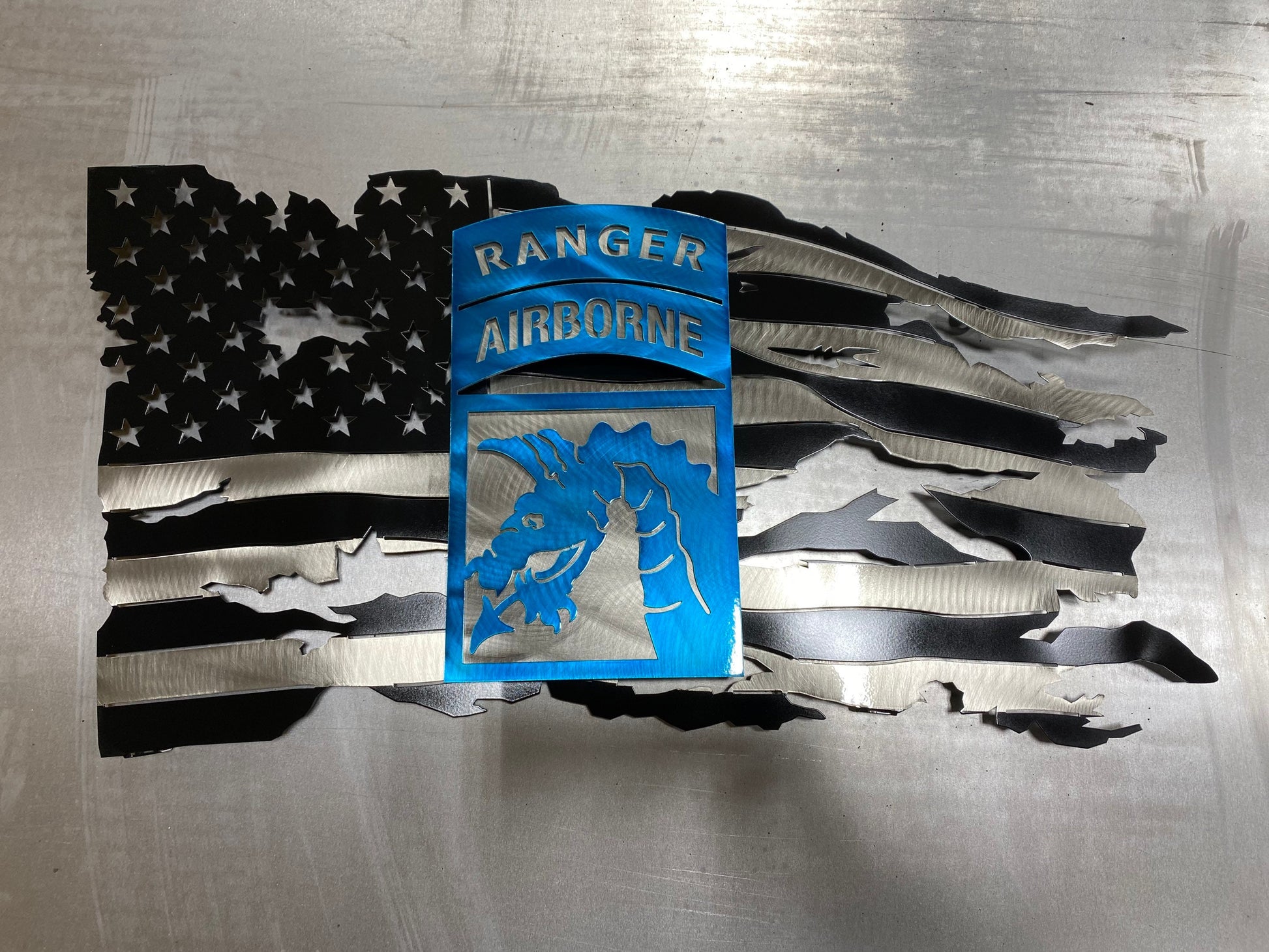 XVIII Airborne black and silver American metal flag with two-piece emblem
