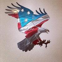 American Flying Eagle wall art, CNC cut and hand-polished with candy red and blue triple powder-coated finish, measuring 15 x 17 inches.