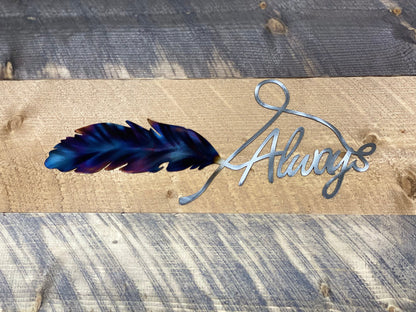Always Feather metal wall art, handcrafted from American steel, heat-treated for blue and purple hues, and finished with a clear powder coat 