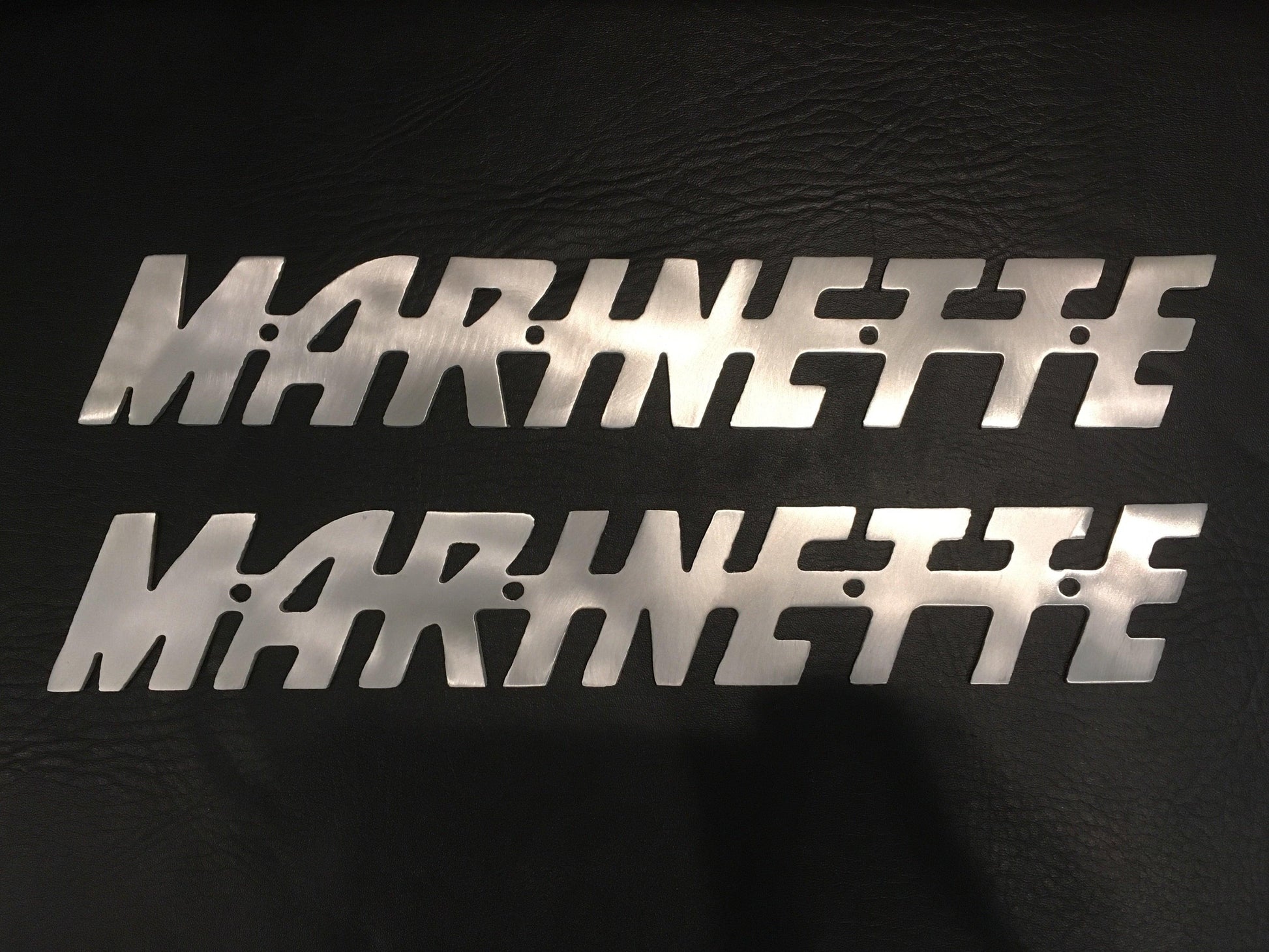 Set of two authorized Marinette boat logos in aluminum, 13 by 2 inches, CNC cut by CnS CnC