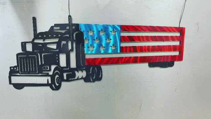 Big Rig Semi and Flag Trailer metal wall art, handcrafted from American steel, featuring a classic square-nose truck with an American flag trailer by CnS CnC.