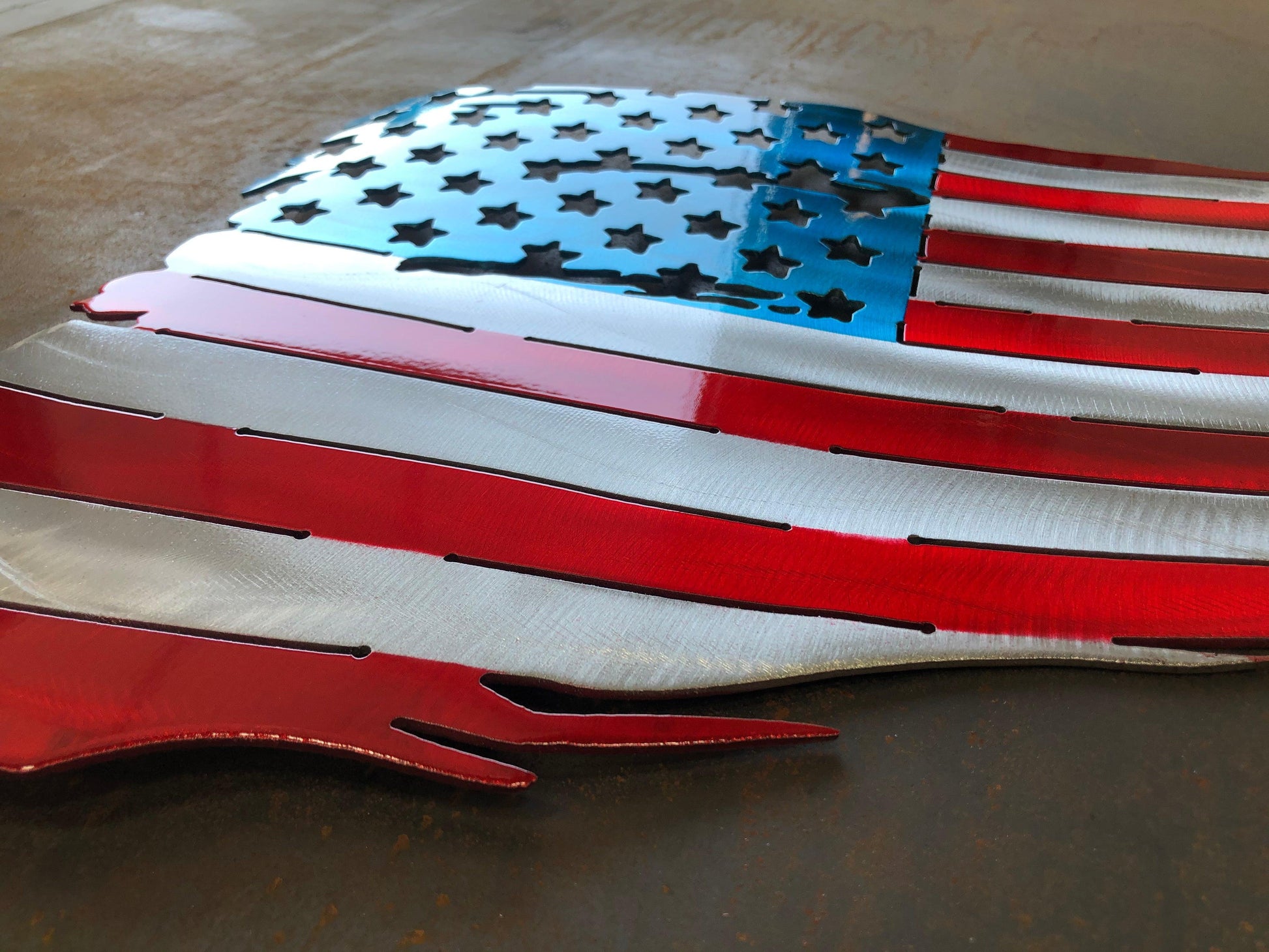 Battle worn and tattered American flag in handcrafted metal, patriotic wall art by CnS CnC