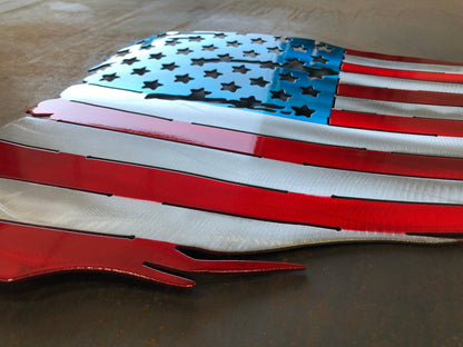Battle worn and tattered American flag in handcrafted metal, patriotic wall art by CnS CnC