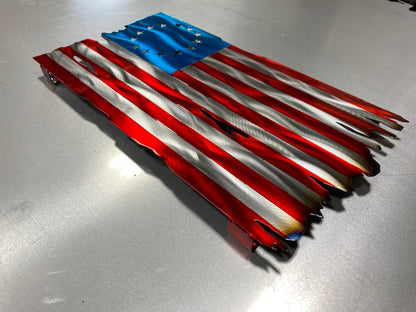 Betsy Ross 13 Colonies Flag, handcrafted metal American flag with a 13-star circle design, heat patina accents, and powder-coated finish by CnS CnC.