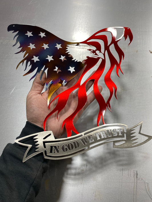 Metal eagle wall art with American flag design and In God We Trust engraving, handcrafted and powder-coated