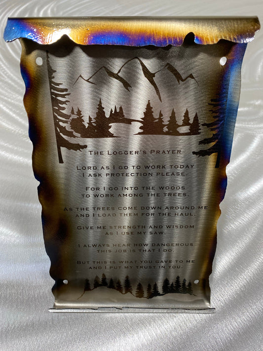 Loggers Prayer Scroll Sign, handcrafted metal wall art with laser-etched tree line and prayer, heat patina accents, and scroll edges