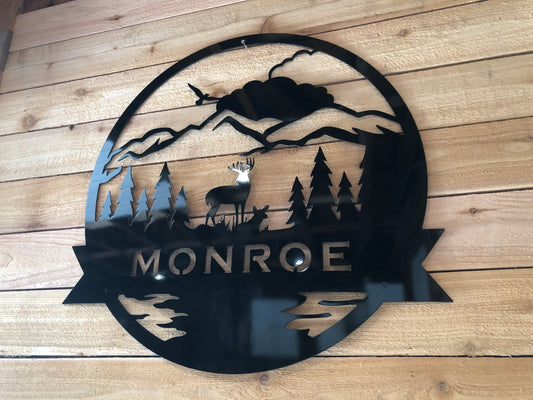Nature-Themed Family Monogram, handcrafted metal sign personalized with a last name and animal silhouette, made from marine-grade aluminum 