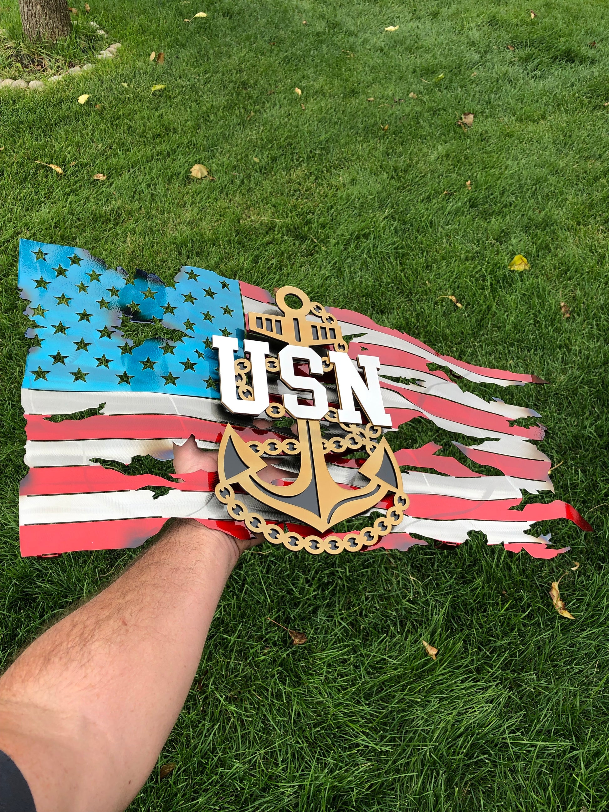 Officially licensed Navy Chief metal flag with tattered or pledge background, powder-coated and floating wall mount