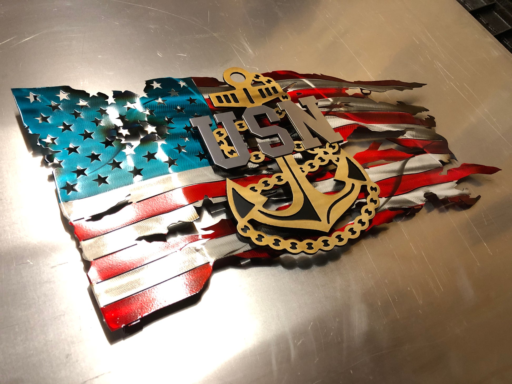 Officially licensed Navy Chief metal flag with tattered or pledge background, powder-coated and floating wall mount