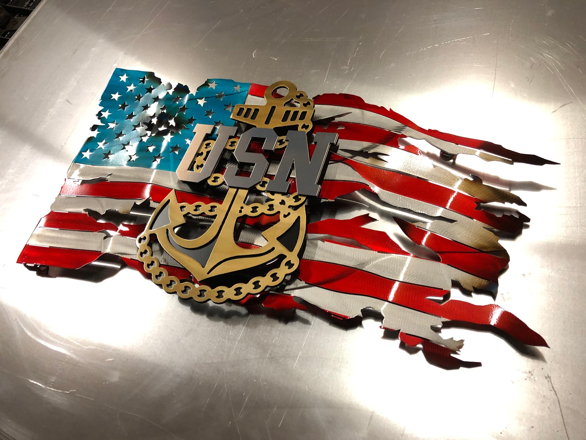 Officially licensed Navy Chief metal flag with tattered or pledge background, powder-coated and floating wall mount