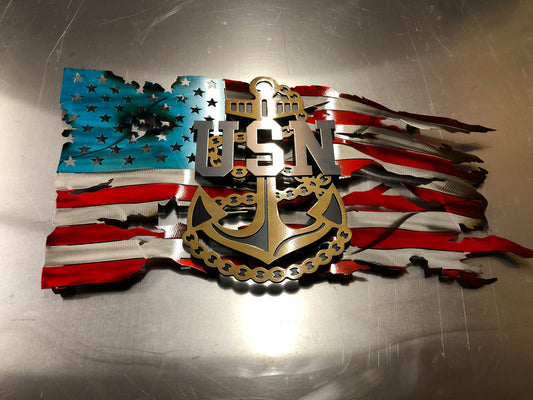 Officially licensed Navy Chief metal flag with tattered or pledge background, powder-coated and floating wall mount