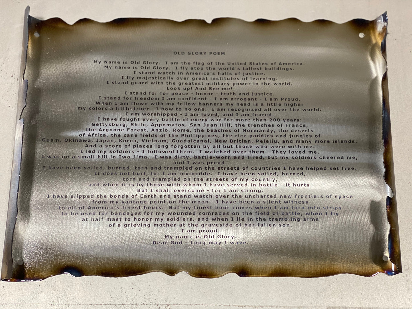 Old Glory Poem Scroll, handcrafted metal wall art with laser-engraved text, hand-formed scroll edges, and a clear powder coat finish by CnS CnC.
