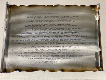 Old Glory Poem Scroll, handcrafted metal wall art with laser-engraved text, hand-formed scroll edges, and a clear powder coat finish by CnS CnC.