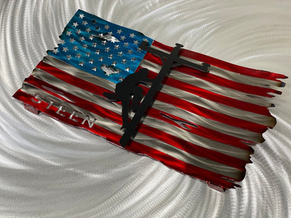 Personalized Lineman Metal Flag, handcrafted steel wall art with a custom lineman silhouette, featuring a waved American flag design by CnS CnC.