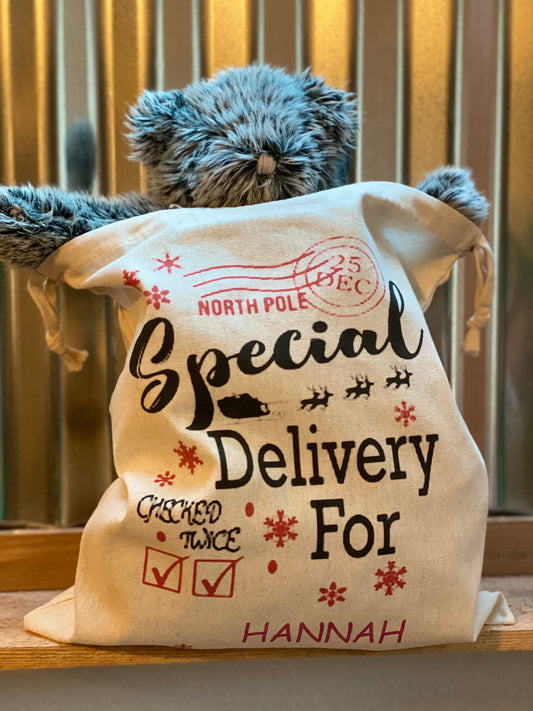 Personalized Santa sack with recipient’s name, DTG printed holiday gift bag measuring 14 by 12 inches