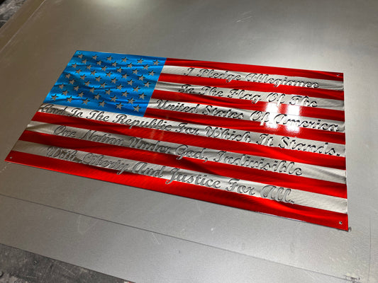 Pledge of Allegiance Metal Flag with cursive text – custom metal wall art by CnS CnC
