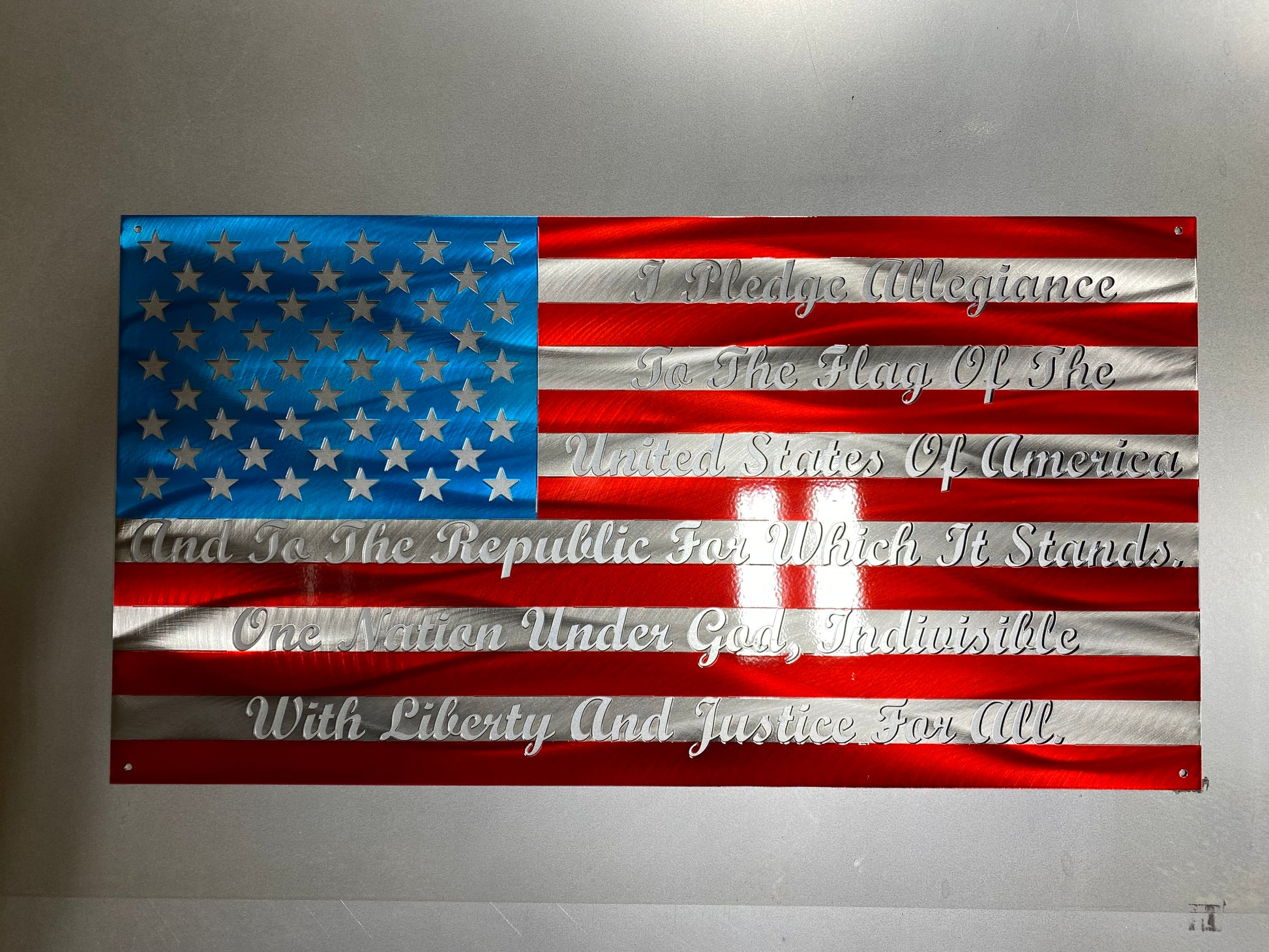 Pledge of Allegiance Metal Flag with cursive text – custom metal wall art by CnS CnC