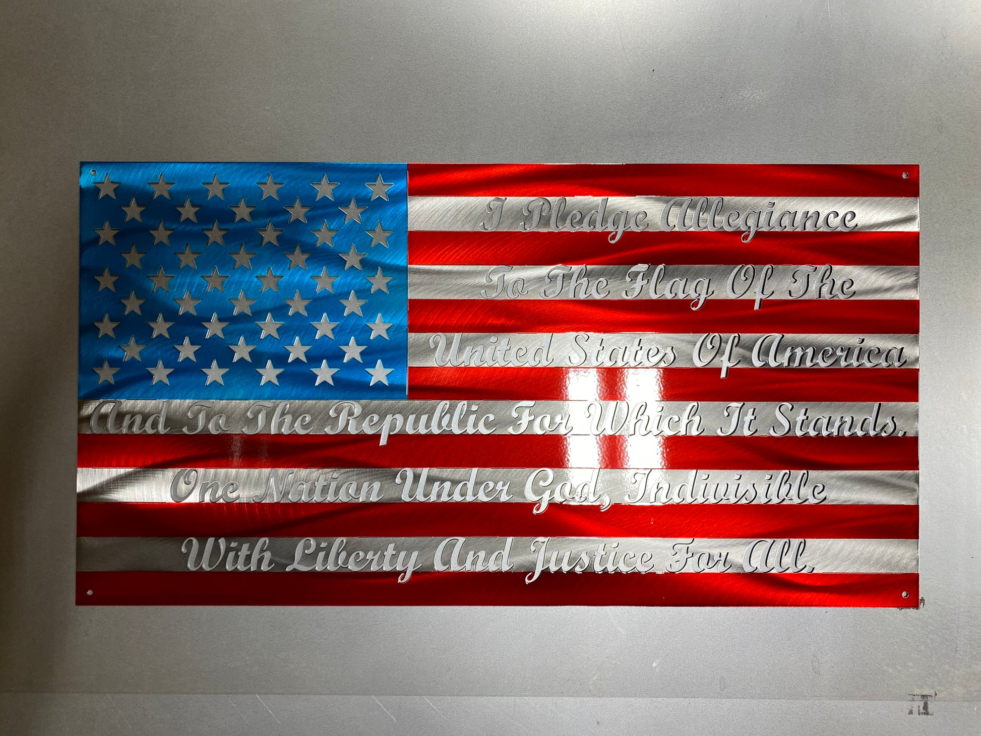 Pledge of Allegiance Metal Flag with cursive text – custom metal wall art by CnS CnC