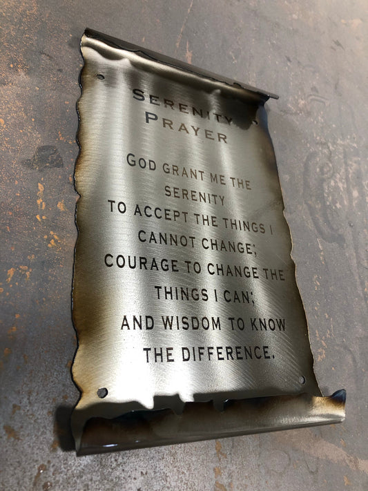 Serenity Prayer Metal Scroll, handcrafted American steel wall art with laser-etched text, heat patina accents, and a clear powder coat finish by CnS CnC.