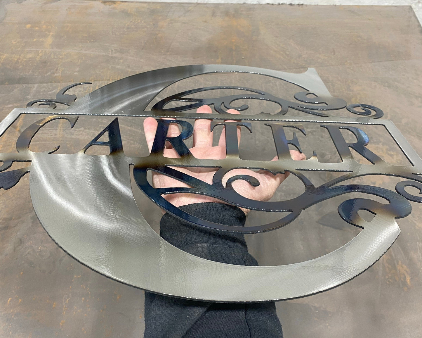  Split Letter Monogram, handcrafted metal family name sign with a heat-treated finish, personalized design, and clear powder coat by CnS CnC.