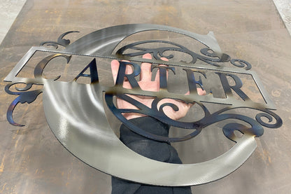 Split Letter Monogram, handcrafted metal family name sign with a heat-treated finish, personalized design, and clear powder coat by CnS CnC.

