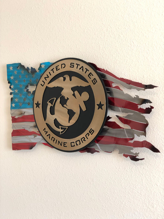 US Marine Corps Tattered American Flag with 12-inch candy gold and black USMC emblem, triple powder-coated for outdoor durability.