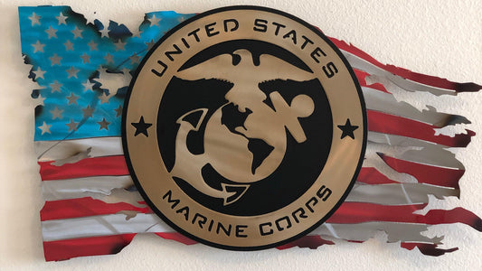 US Marine Corps Tattered American Flag with 12-inch candy gold and black USMC emblem, triple powder-coated for outdoor durability.