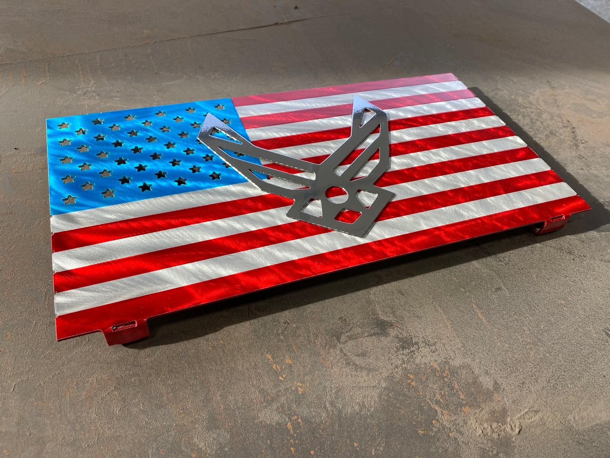 USAF Mini Flag, handcrafted aluminum Air Force tribute with a powder-coated finish for durability, made by CnS CnC.