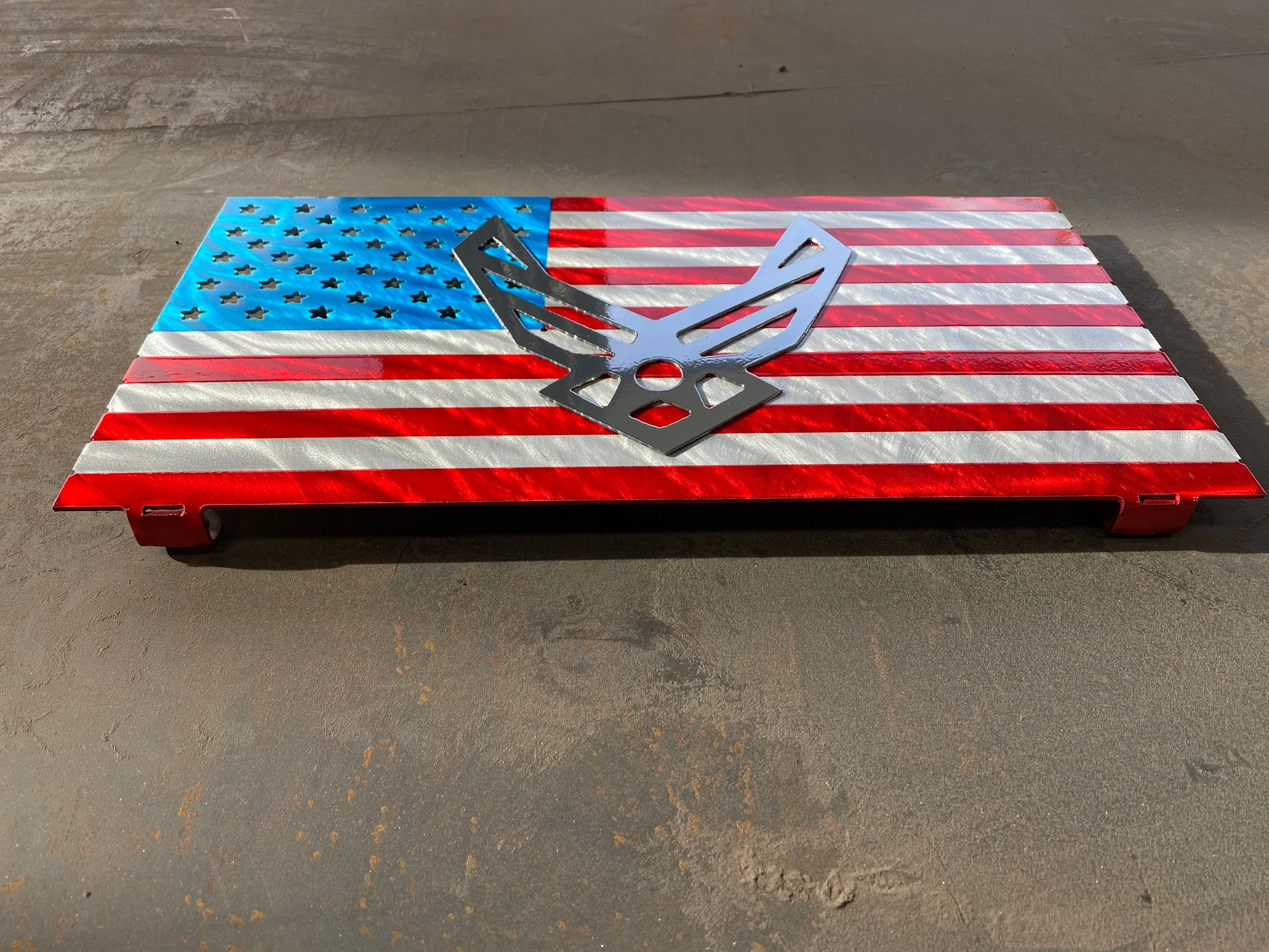 USAF Mini Flag, handcrafted aluminum Air Force tribute with a powder-coated finish for durability, made by CnS CnC.