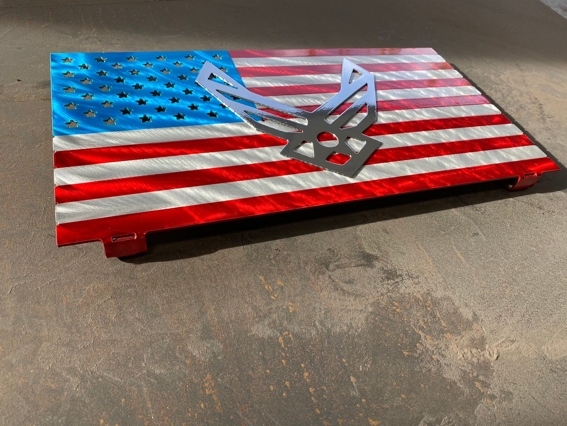 USAF Mini Flag, handcrafted aluminum Air Force tribute with a powder-coated finish for durability, made by CnS CnC.


